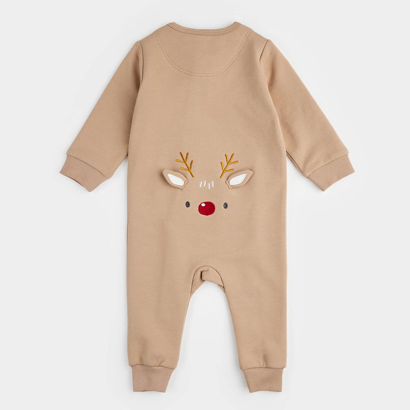 Petit Lem Littlest Reindeer On Taupe Fleece Playsuit