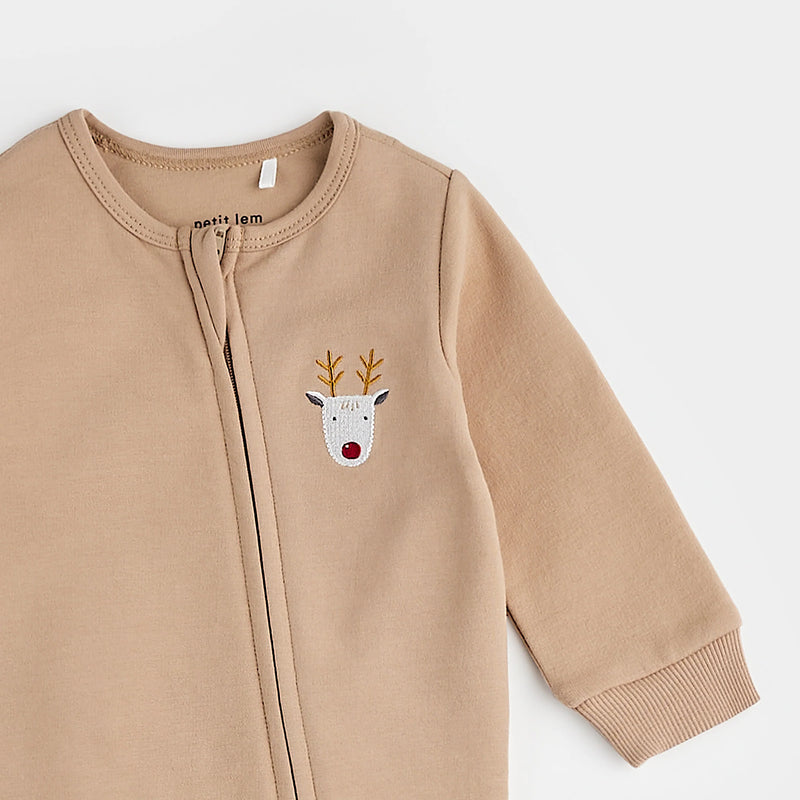 Petit Lem Littlest Reindeer On Taupe Fleece Playsuit